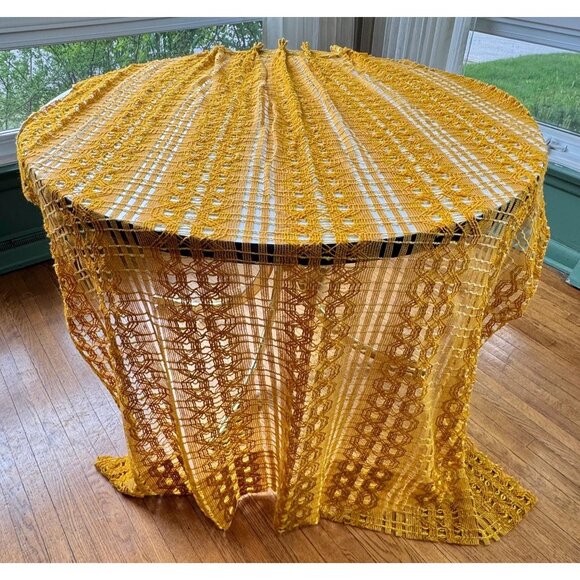 Vintage 70s pleated curtain, orange mesh, open weave geometric, pair - Picture 4 of 10